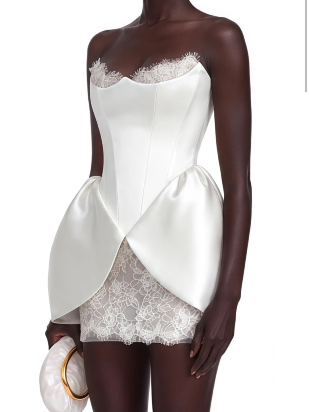 Satin Lace-Trim White Slip Dress with Draped Bow Detail